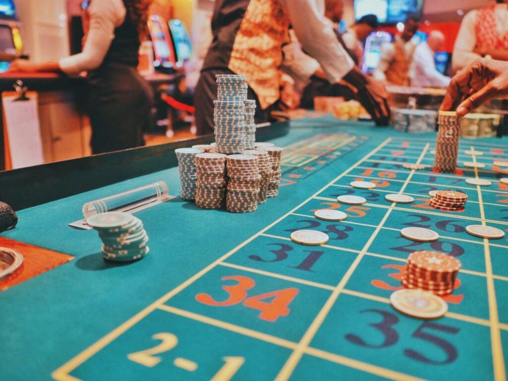 A Casino table with a lot of chips on it